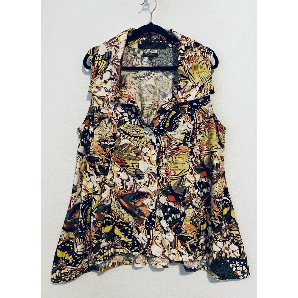 For Cynthia Top Womens XL Artsy Butterfly Linen Blend Vest Pockets Boho Hippie